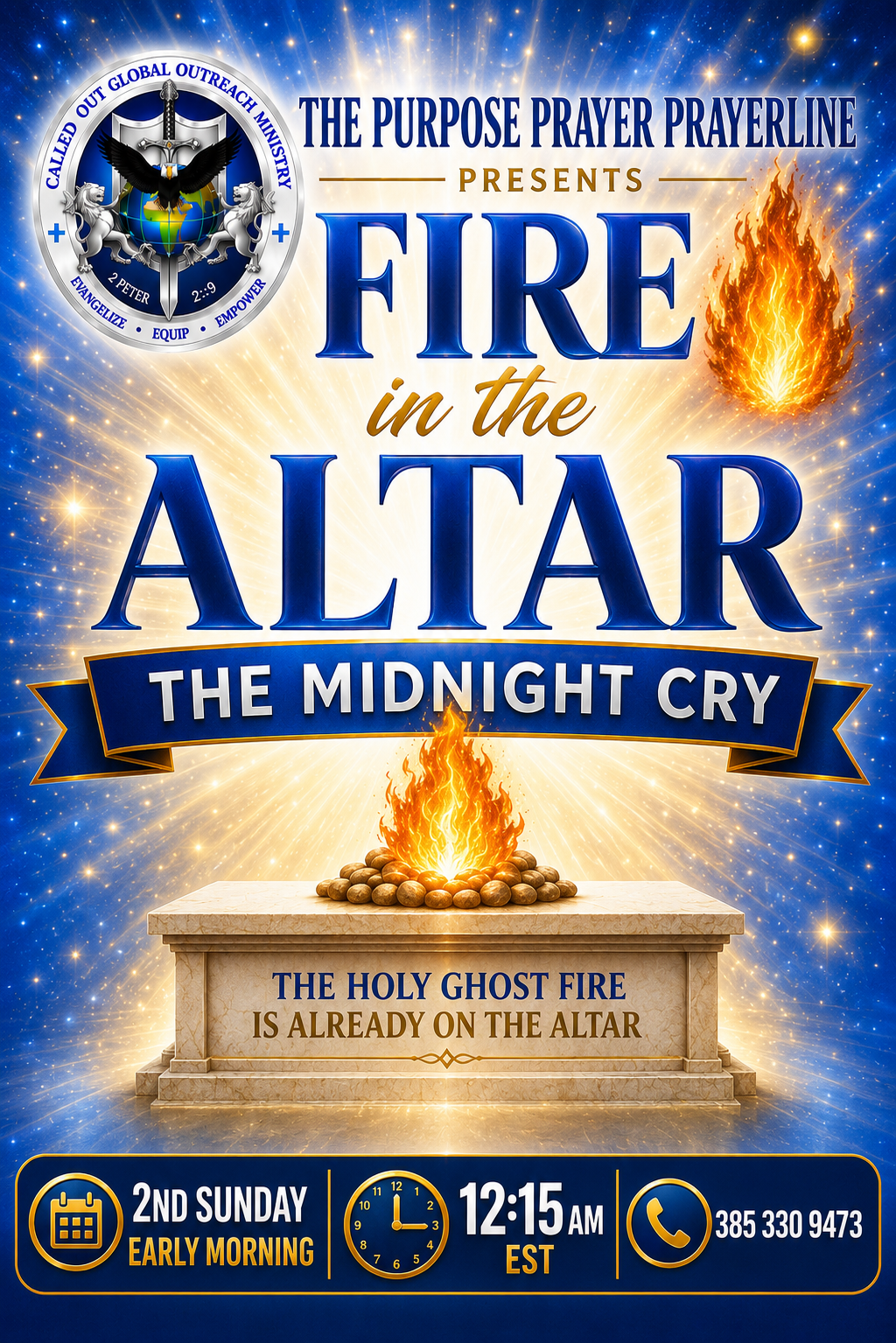 Fire On The Altar Prayer Call flyer — 2nd Sunday of every month at 12:15 AM ET